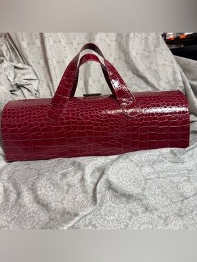 Croc-Embossed Patent Leather Wine Bottle Handbag in Burgundy